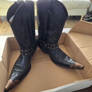 Custom Black Cowboy Boots w/ Harness & Copper Toe – 11.5 D